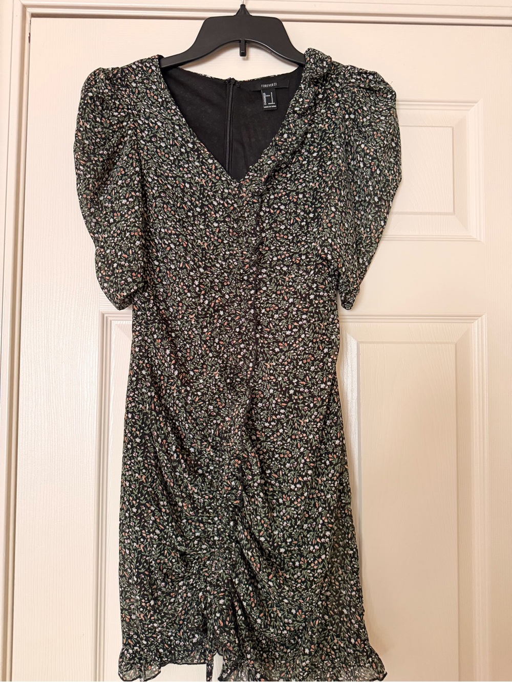 Forever 21 Black Floral Midi Dress with Pink & Green Accents